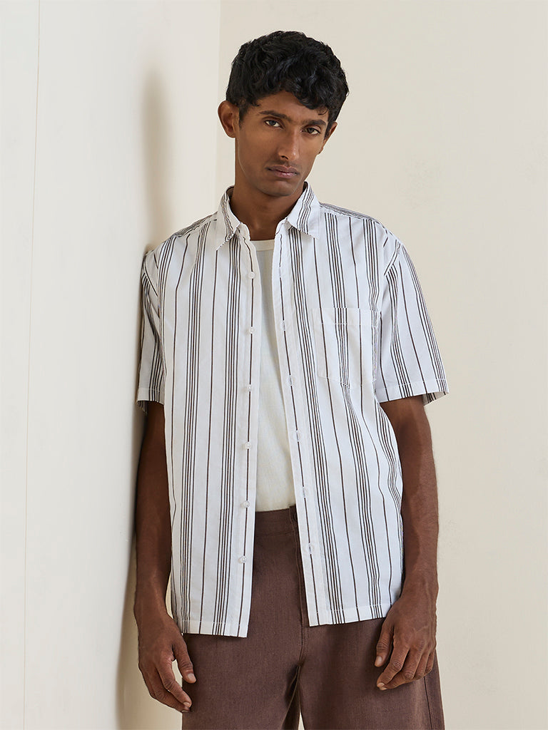 WES Casuals Brown Striped Relaxed-Fit Cotton Shirt
