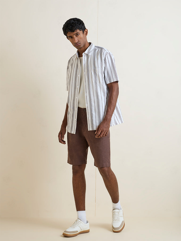 WES Casuals Brown Striped Relaxed-Fit Cotton Shirt