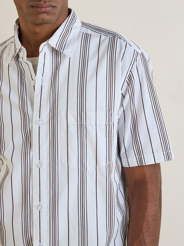 WES Casuals Brown Striped Relaxed-Fit Cotton Shirt
