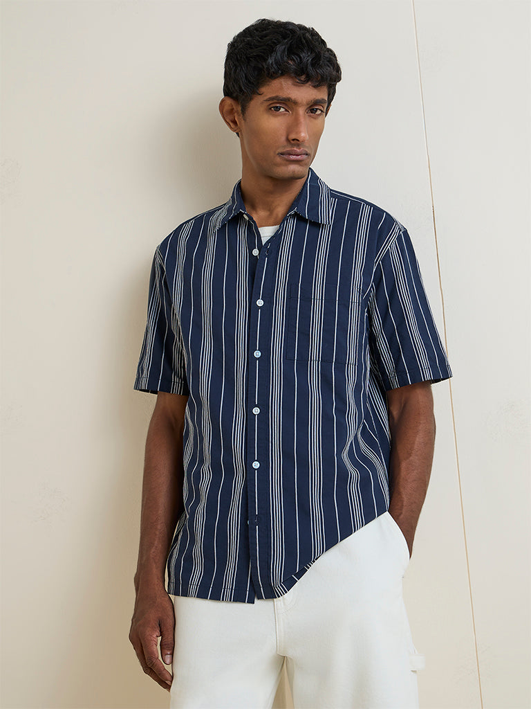 WES Casuals Navy Striped Relaxed-Fit Cotton Shirt