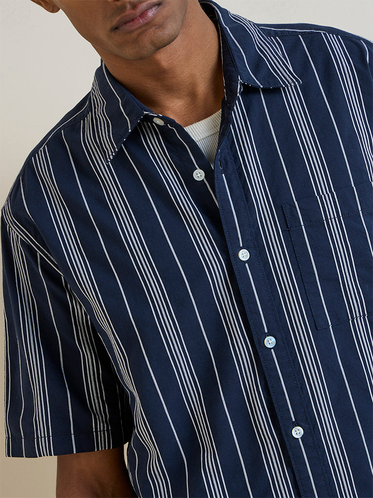 WES Casuals Navy Striped Relaxed-Fit Cotton Shirt