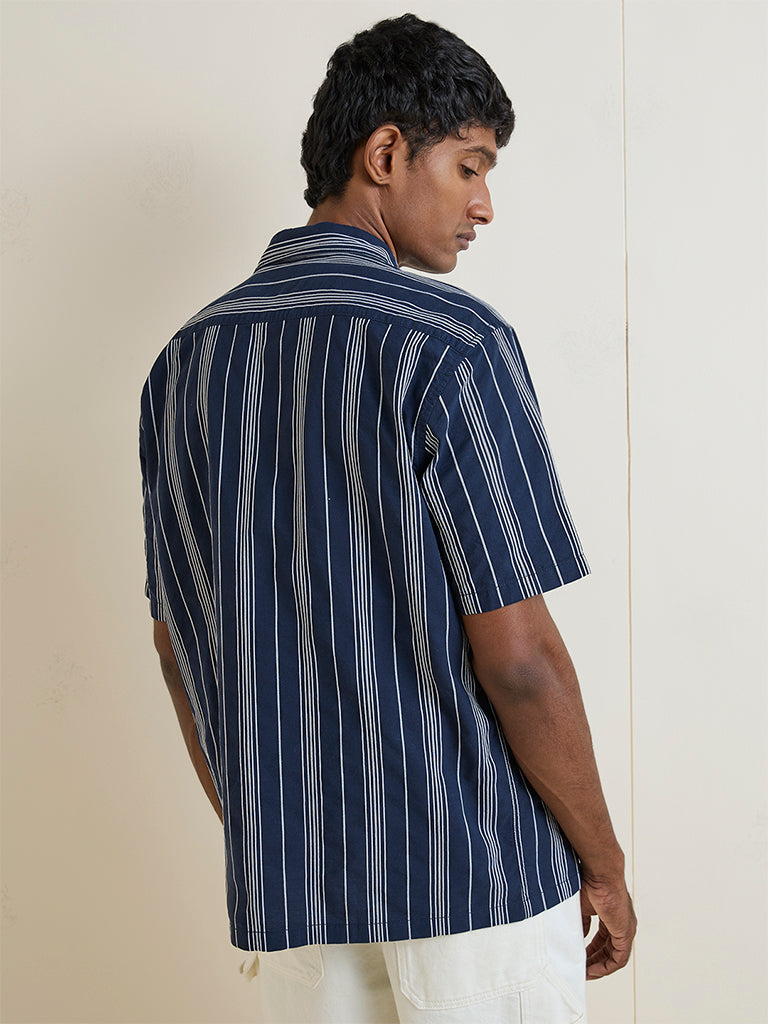 WES Casuals Navy Striped Relaxed-Fit Cotton Shirt