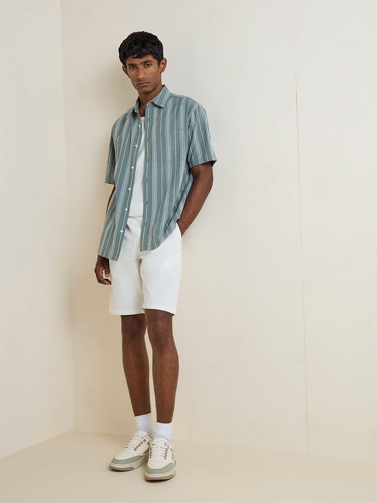 WES Casuals Sage Striped Relaxed-Fit Cotton Shirt