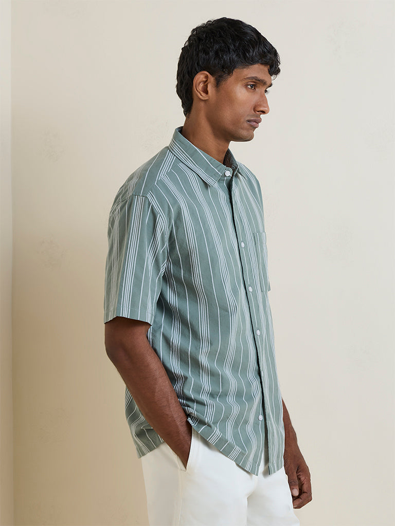 WES Casuals Sage Striped Relaxed-Fit Cotton Shirt
