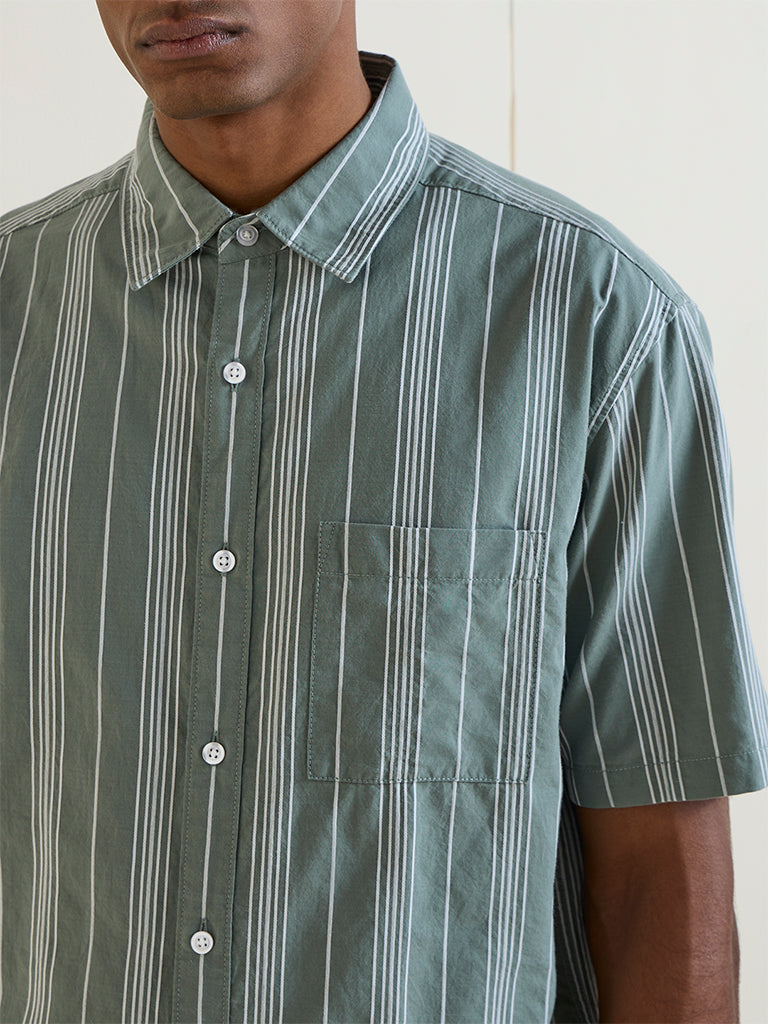 WES Casuals Sage Striped Relaxed-Fit Cotton Shirt