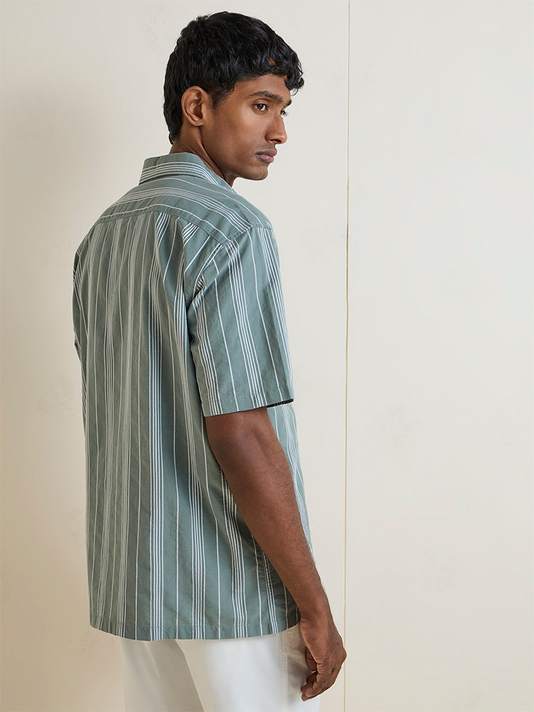 WES Casuals Sage Striped Relaxed-Fit Cotton Shirt