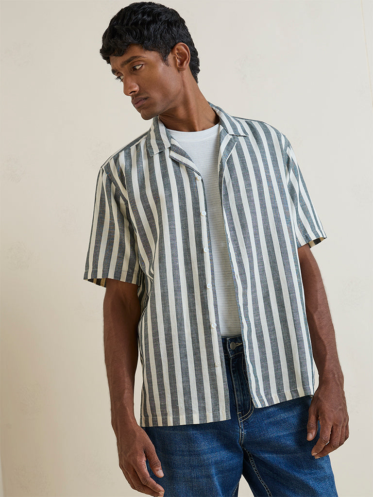 WES Casuals Dark Sage Striped Relaxed-Fit Cotton-Blend Shirt