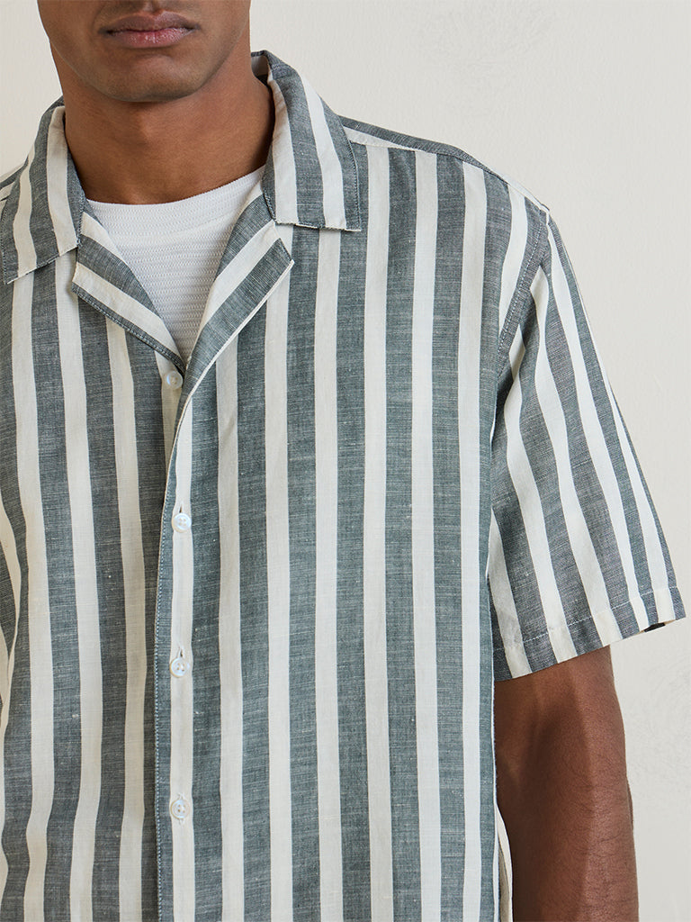 WES Casuals Dark Sage Striped Relaxed-Fit Cotton-Blend Shirt