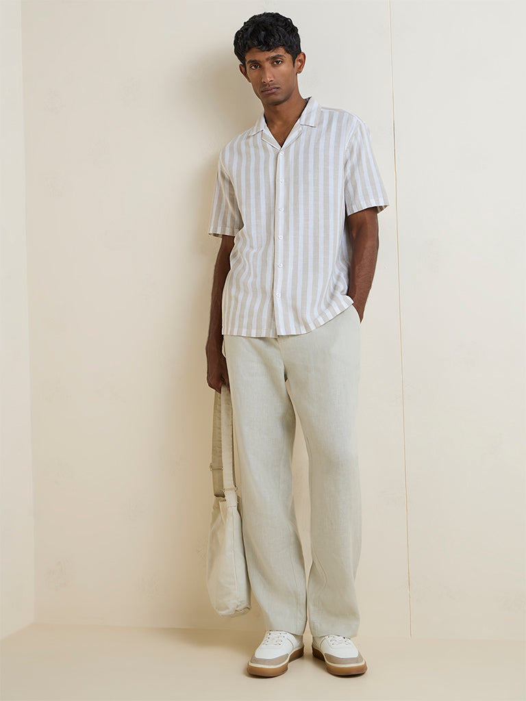 WES Casuals Light Taupe Striped Relaxed-Fit Cotton-Blend Shirt