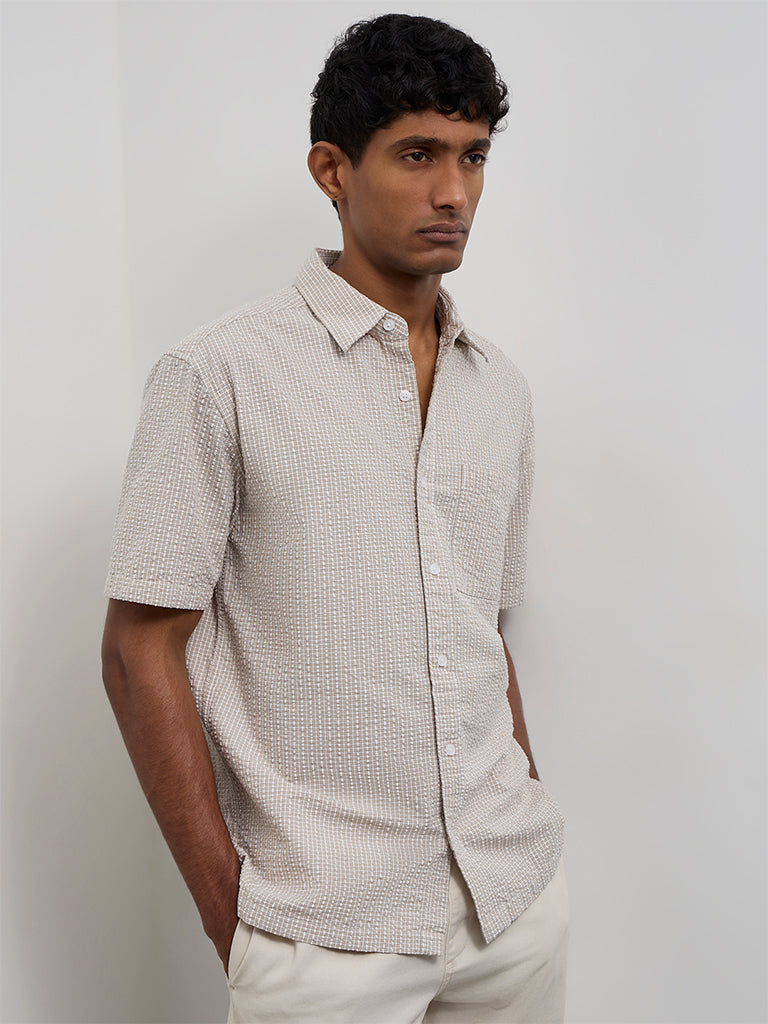WES Casuals Light Taupe Checkered Relaxed-Fit Cotton Shirt
