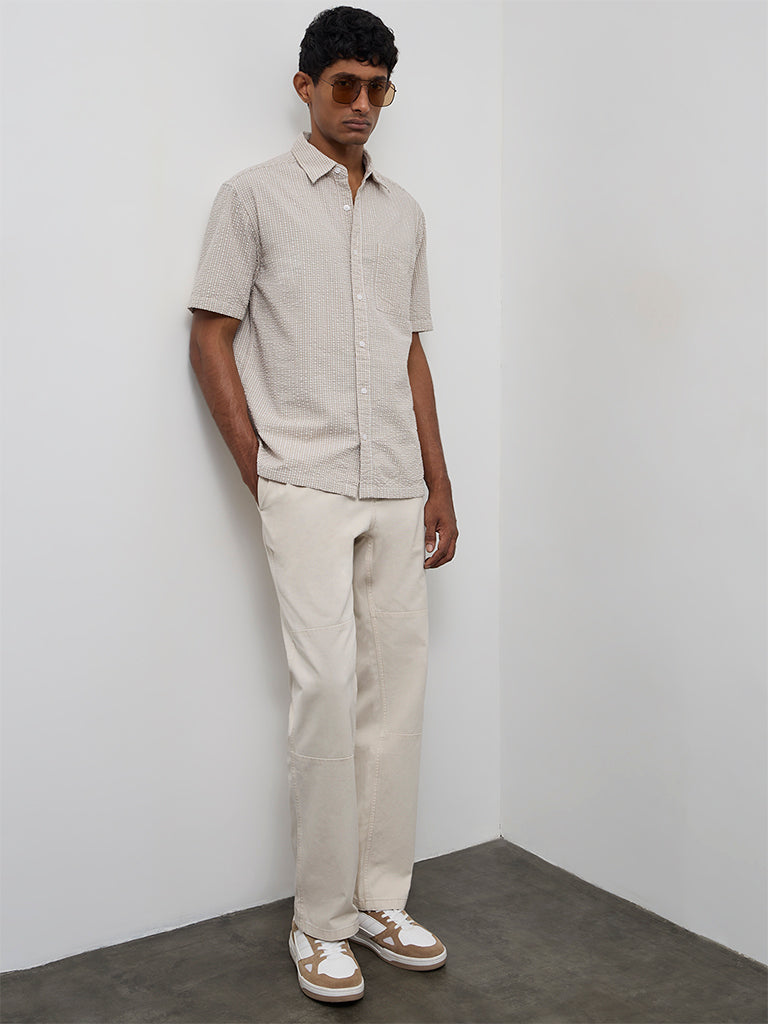 WES Casuals Light Taupe Checkered Relaxed-Fit Cotton Shirt