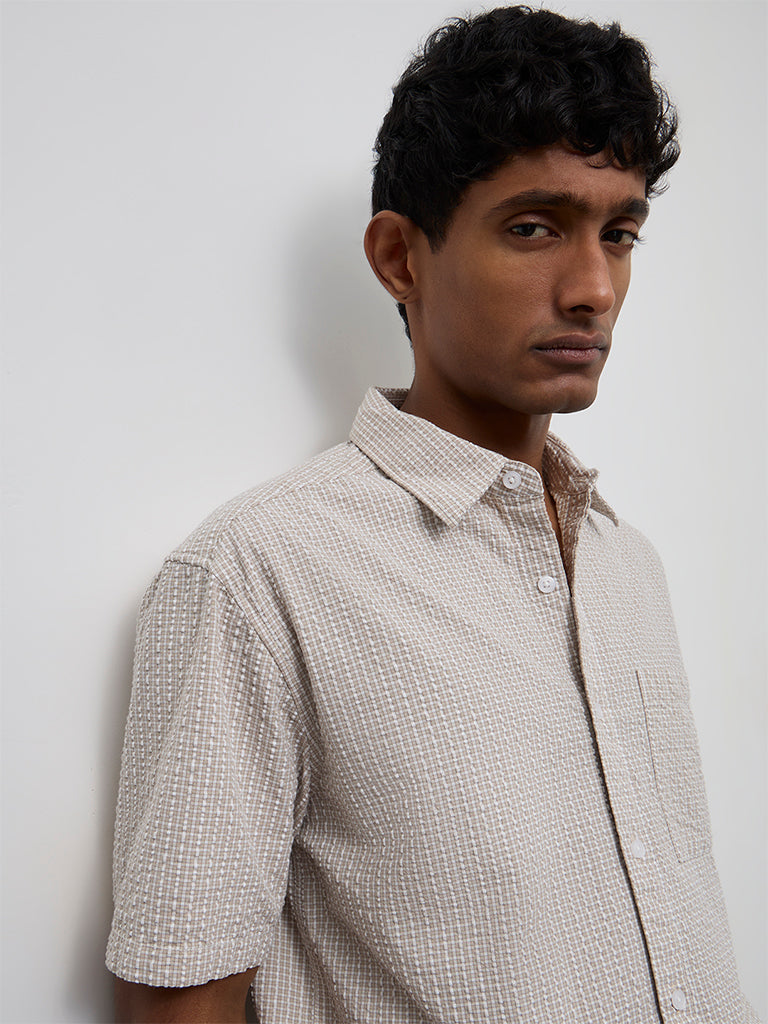 WES Casuals Light Taupe Checkered Relaxed-Fit Cotton Shirt