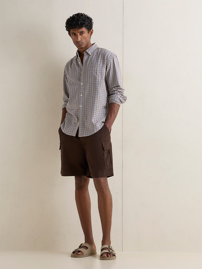WES Casuals Beige Checkered Relaxed-Fit Cotton Shirt