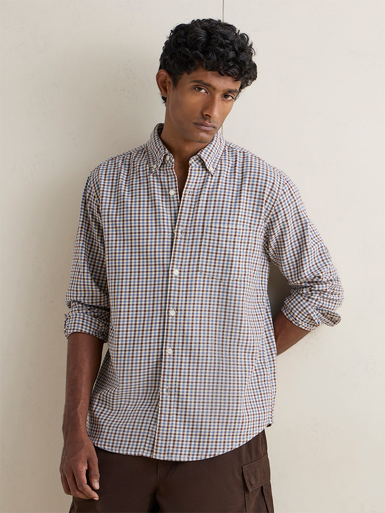 WES Casuals Beige Checkered Relaxed-Fit Cotton Shirt