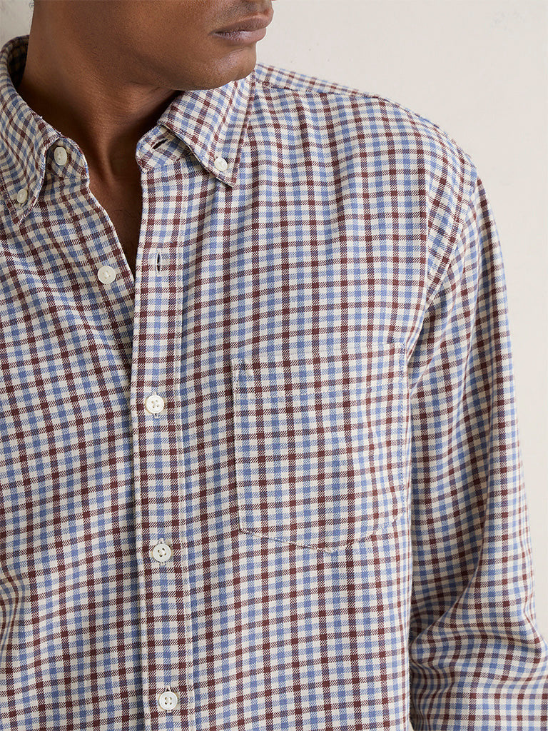 WES Casuals Beige Checkered Relaxed-Fit Cotton Shirt