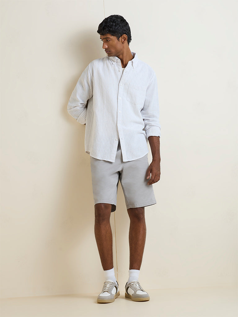 WES Casuals Off-White Striped Relaxed-Fit Cotton Shirt