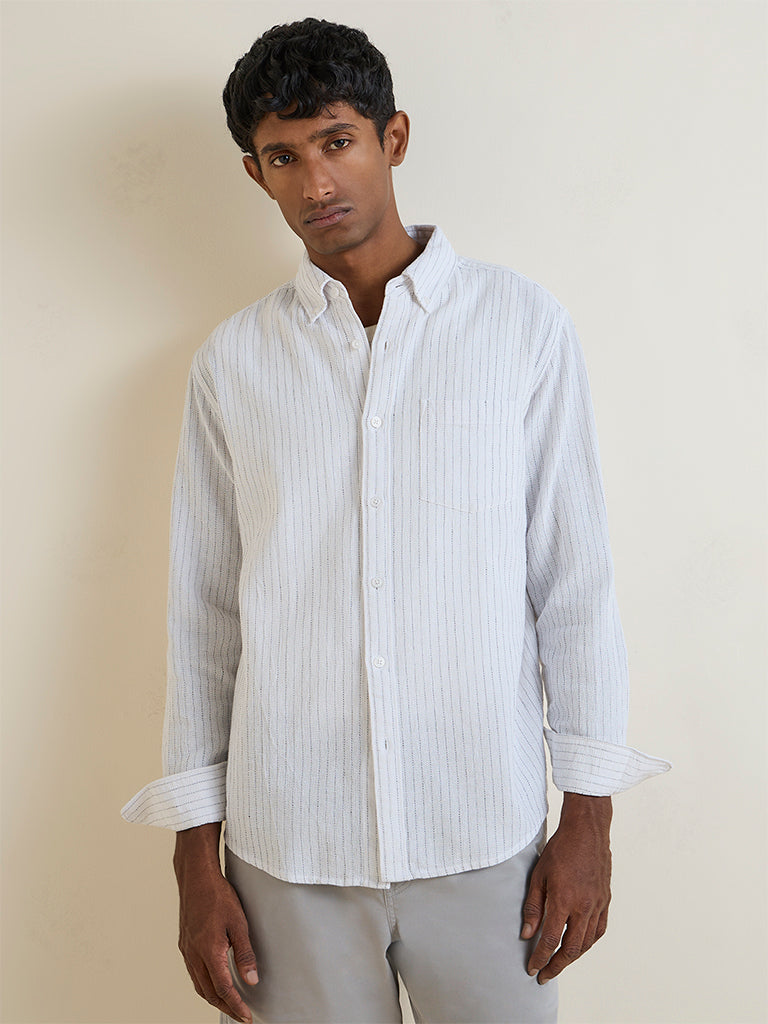 WES Casuals Off-White Striped Relaxed-Fit Cotton Shirt