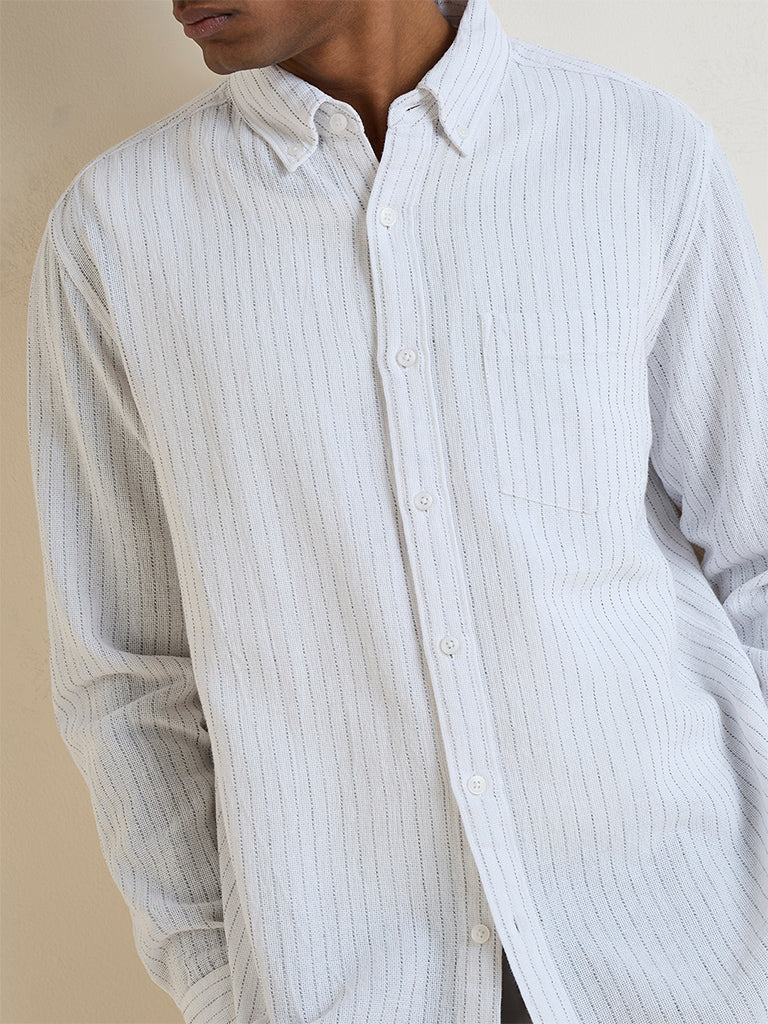 WES Casuals Off-White Striped Relaxed-Fit Cotton Shirt
