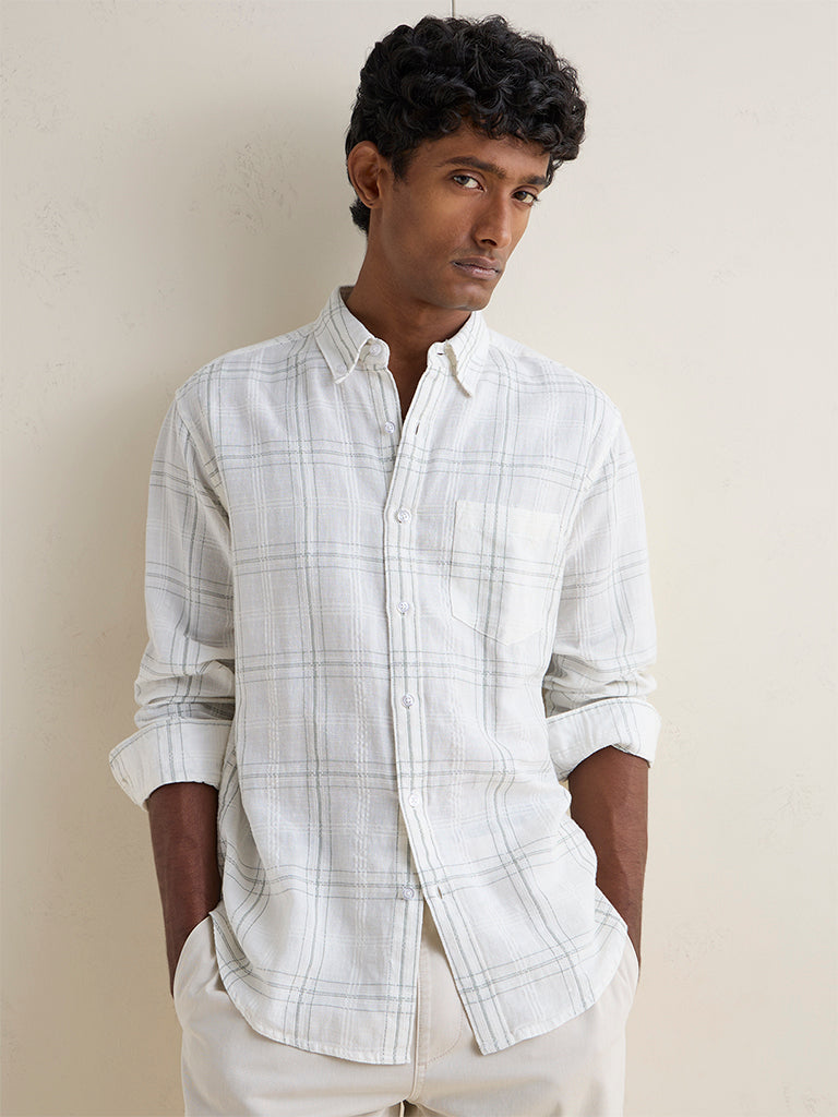 WES Casuals Sage Checkered Relaxed-Fit Cotton-Blend Shirt