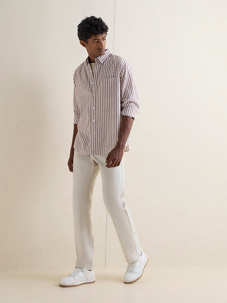WES Casuals Dusty Pink Striped Relaxed-Fit Cotton-Blend Shirt