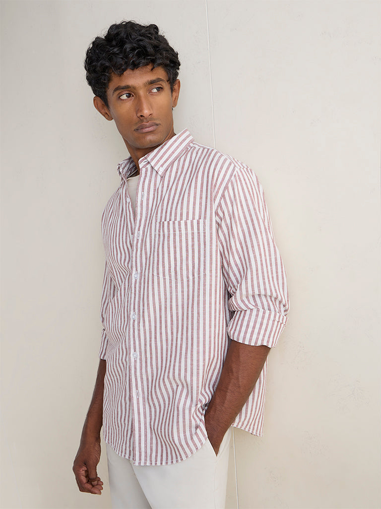 WES Casuals Dusty Pink Striped Relaxed-Fit Cotton-Blend Shirt
