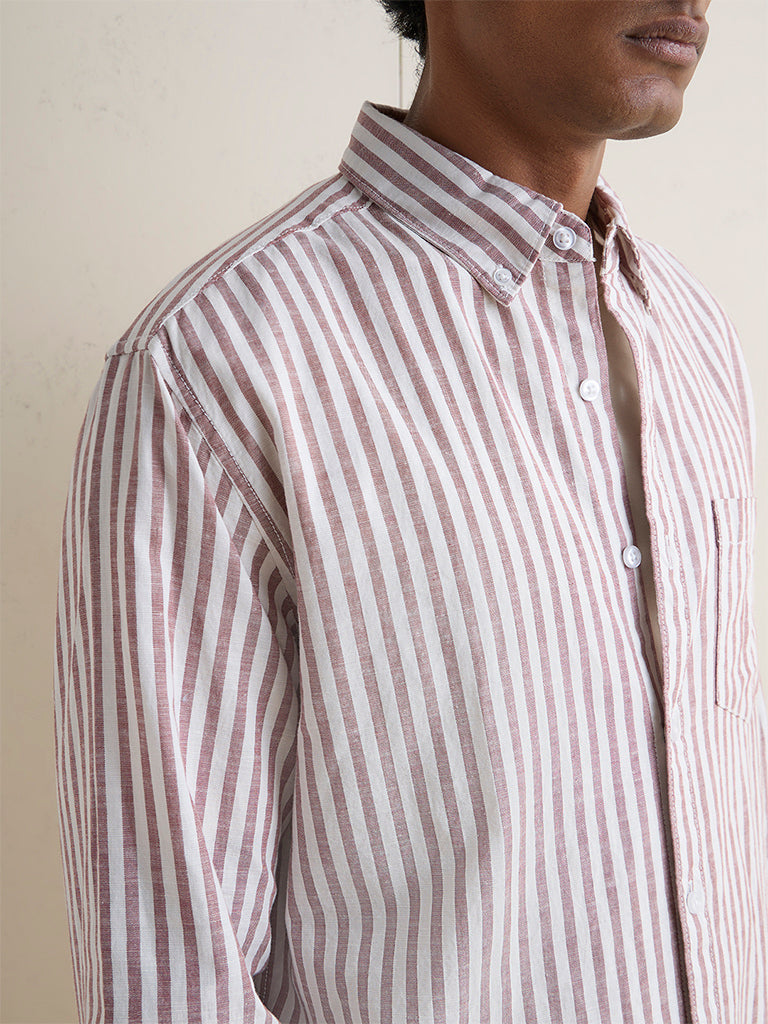 WES Casuals Dusty Pink Striped Relaxed-Fit Cotton-Blend Shirt
