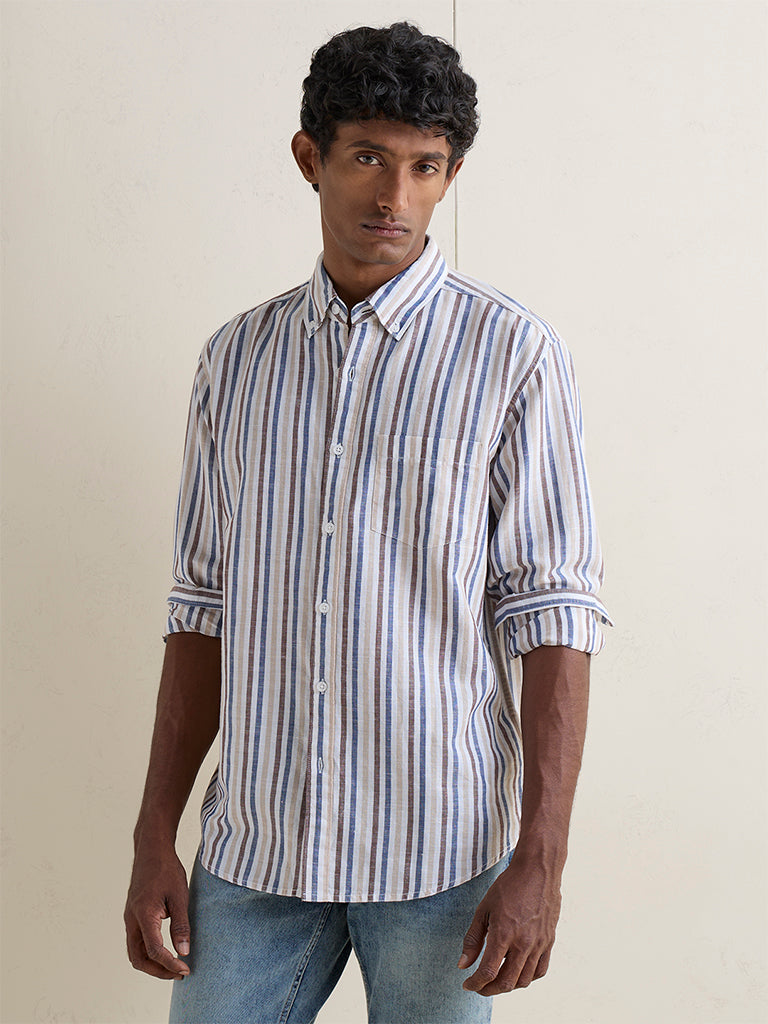 WES Casuals Off-White Striped Relaxed-Fit Cotton-Blend Shirt