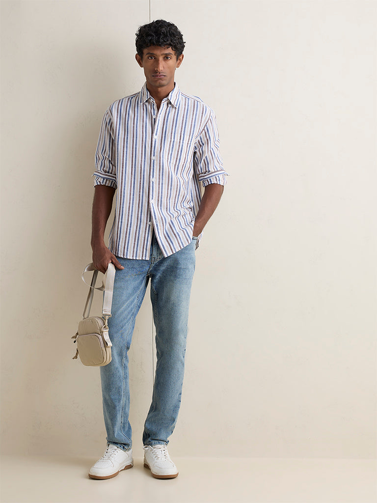 WES Casuals Off-White Striped Relaxed-Fit Cotton-Blend Shirt