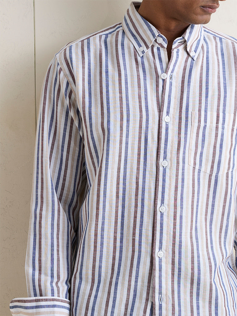WES Casuals Off-White Striped Relaxed-Fit Cotton-Blend Shirt