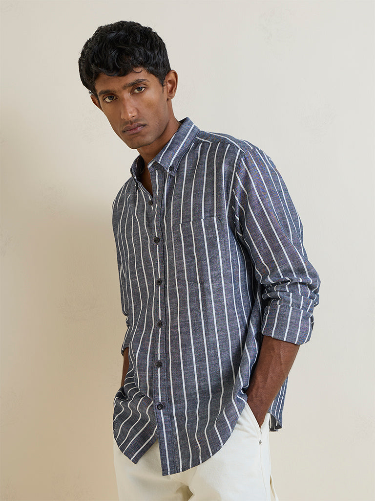 WES Casuals Grey Striped Relaxed-Fit Cotton-Blend Shirt