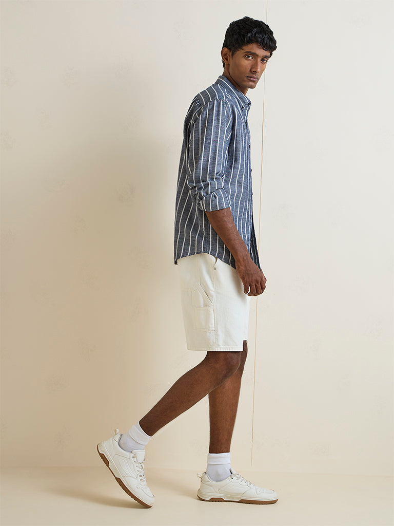 WES Casuals Grey Striped Relaxed-Fit Cotton-Blend Shirt