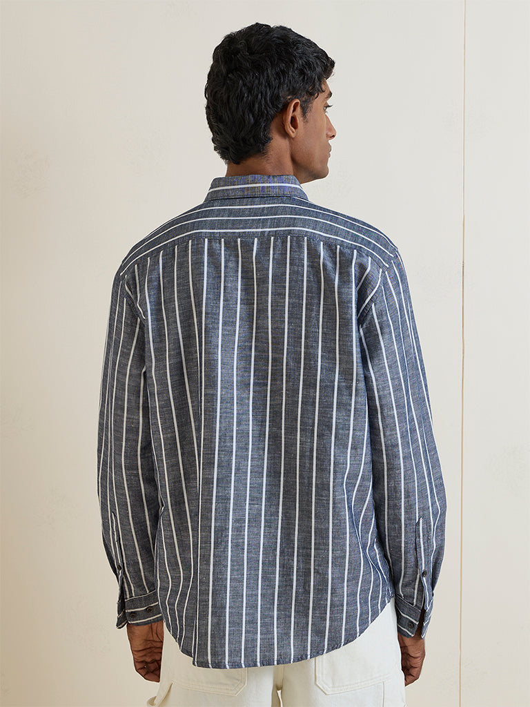 WES Casuals Grey Striped Relaxed-Fit Cotton-Blend Shirt