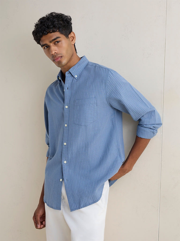 WES Casuals Blue Striped Relaxed-Fit Cotton-Blend Shirt