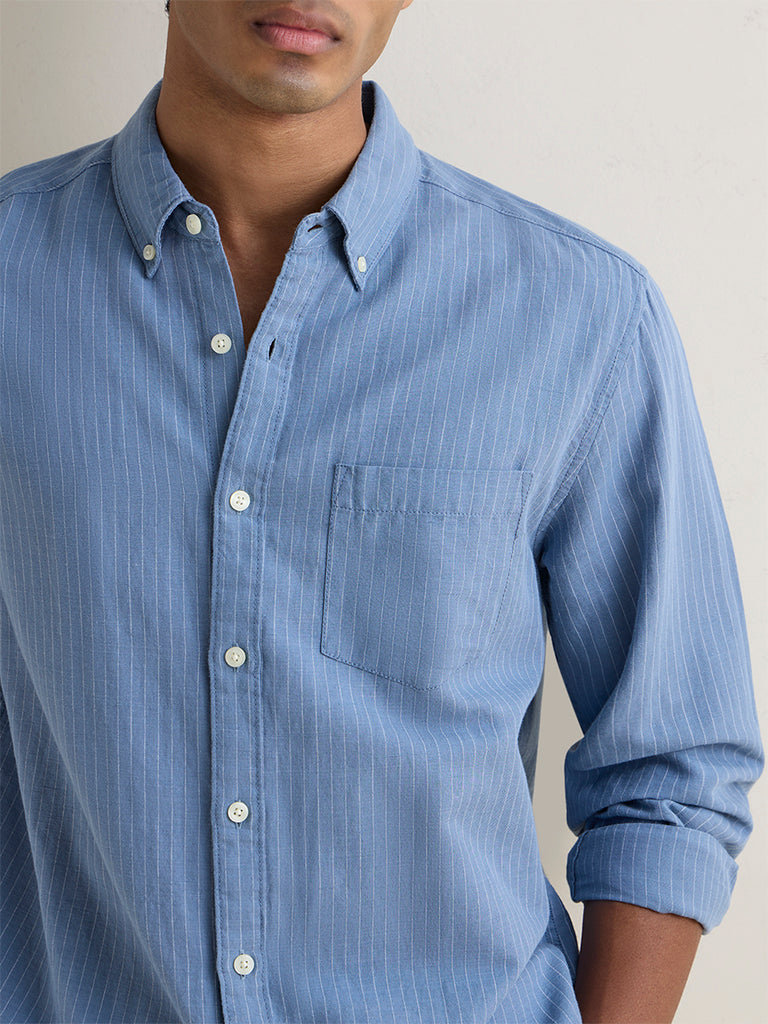 WES Casuals Blue Striped Relaxed-Fit Cotton-Blend Shirt