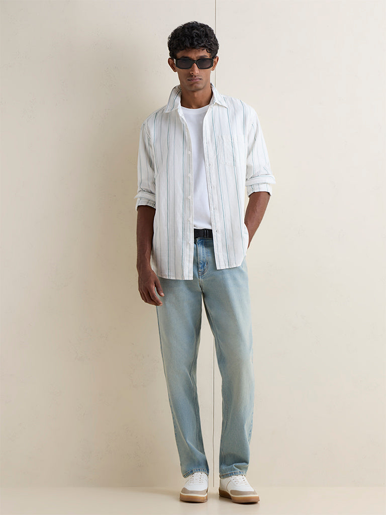 WES Casuals Off-White Striped Relaxed-Fit Cotton-Blend Shirt