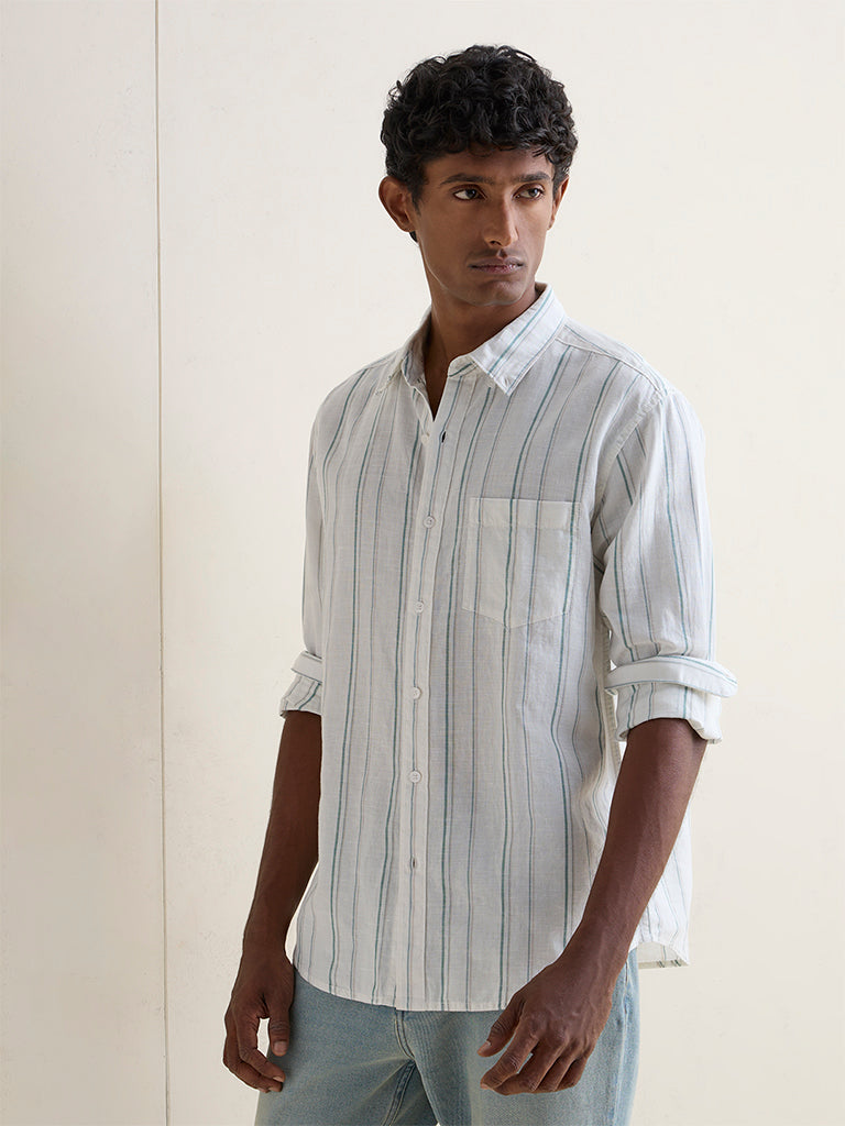 WES Casuals Off-White Striped Relaxed-Fit Cotton-Blend Shirt