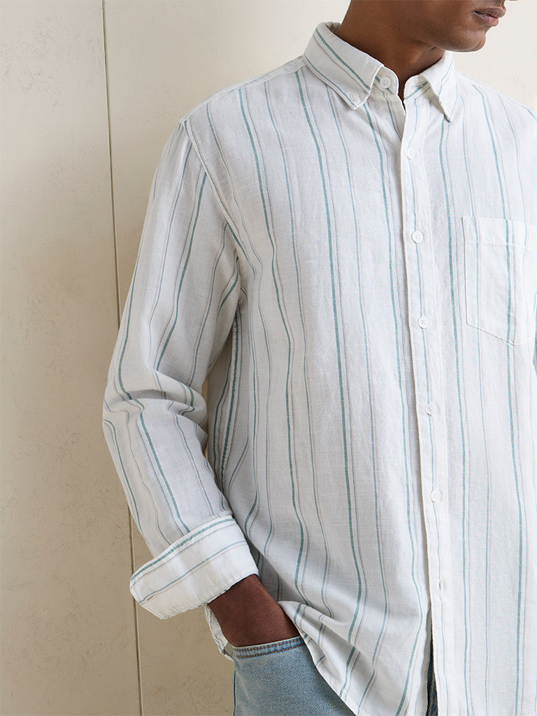WES Casuals Off-White Striped Relaxed-Fit Cotton-Blend Shirt