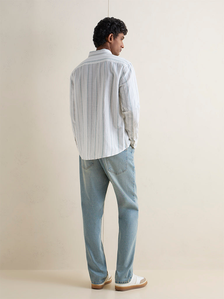 WES Casuals Off-White Striped Relaxed-Fit Cotton-Blend Shirt