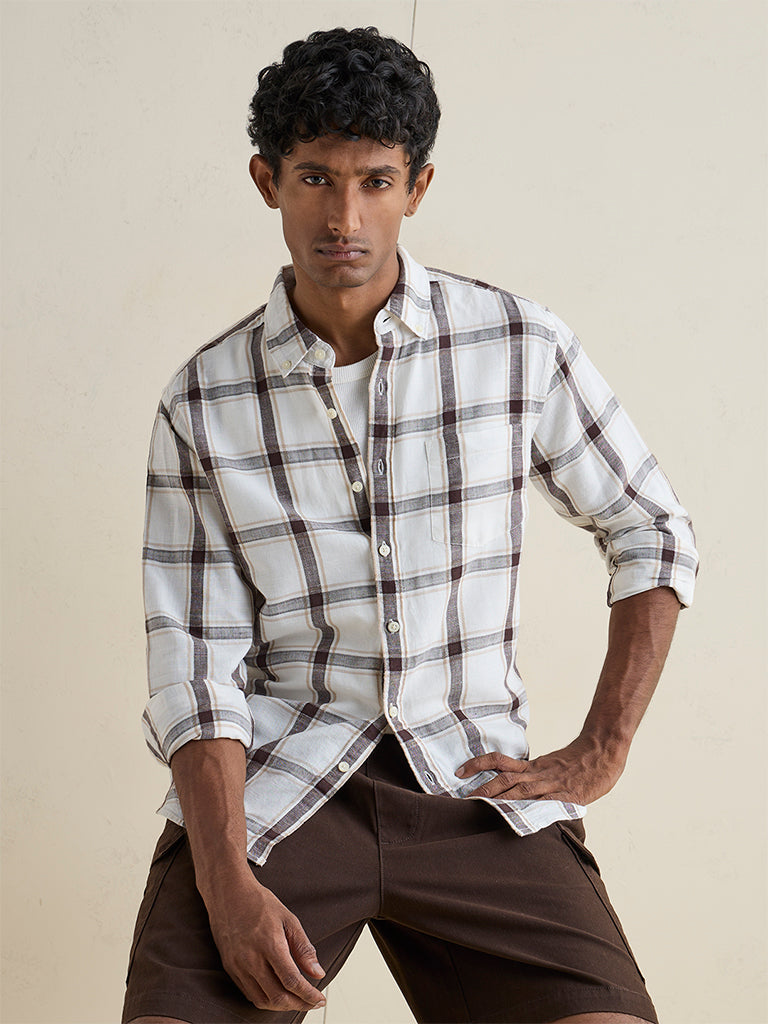 WES Casuals Brown Checkered Relaxed-Fit Cotton-Blend Shirt