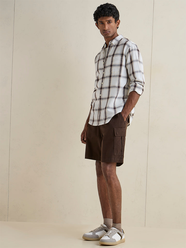 WES Casuals Brown Checkered Relaxed-Fit Cotton-Blend Shirt