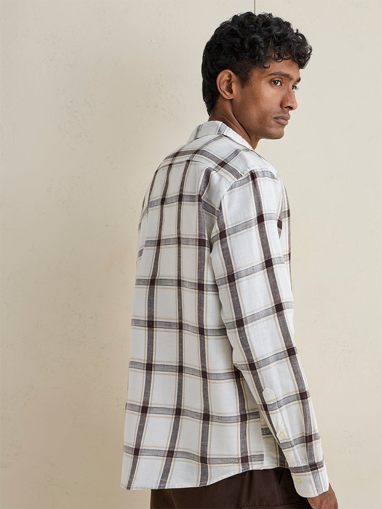 WES Casuals Brown Checkered Relaxed-Fit Cotton-Blend Shirt