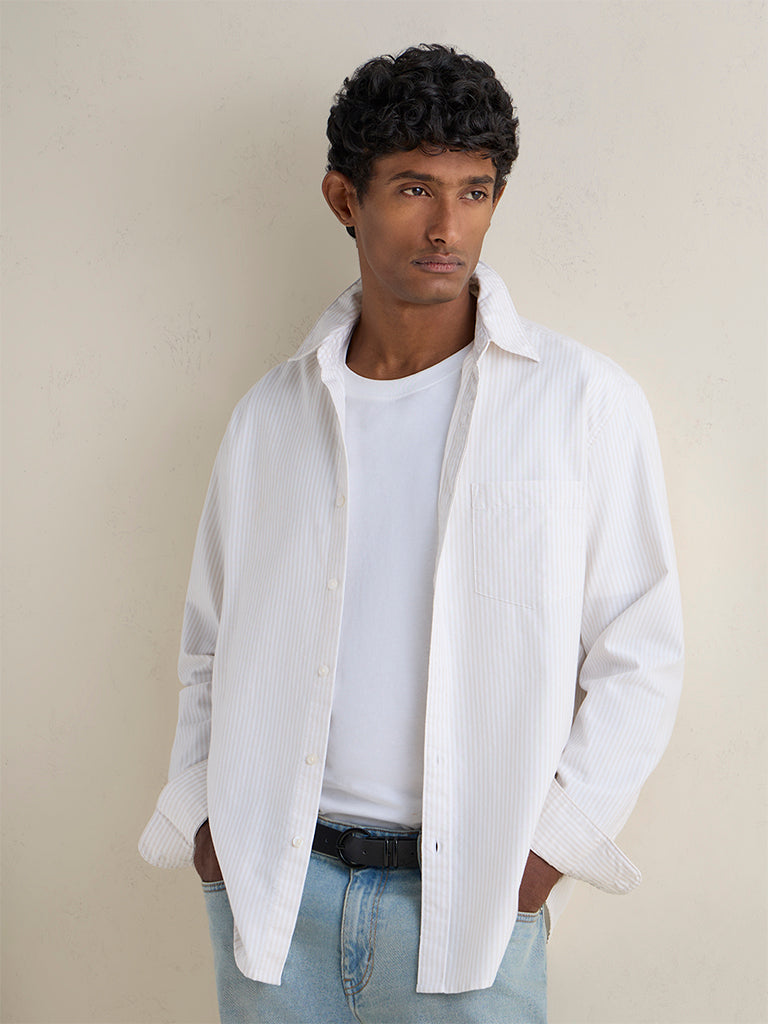 WES Casuals Beige Striped Relaxed-Fit Cotton Shirt