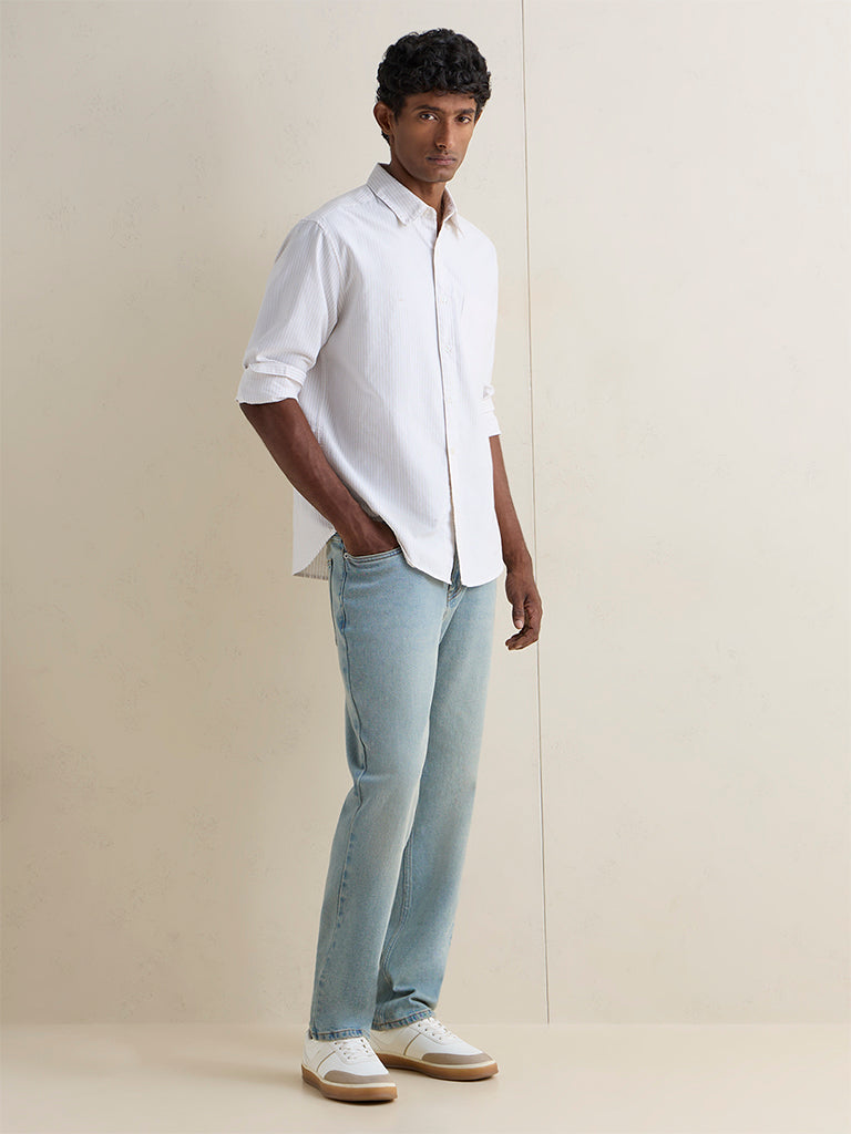 WES Casuals Beige Striped Relaxed-Fit Cotton Shirt