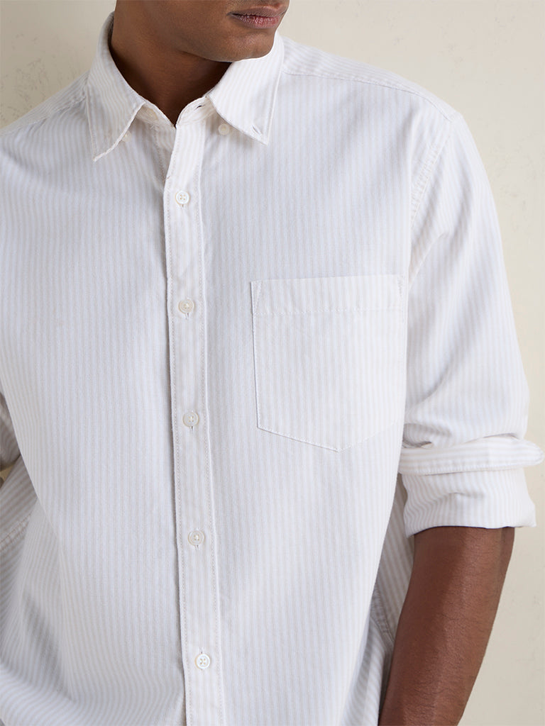 WES Casuals Beige Striped Relaxed-Fit Cotton Shirt