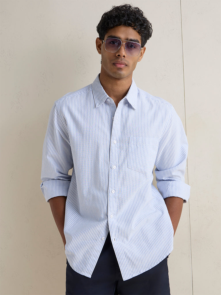 WES Casuals Light Blue Striped Relaxed-Fit Cotton Shirt