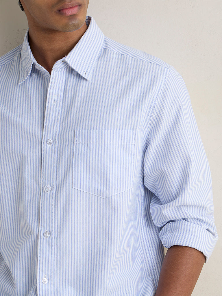 WES Casuals Light Blue Striped Relaxed-Fit Cotton Shirt