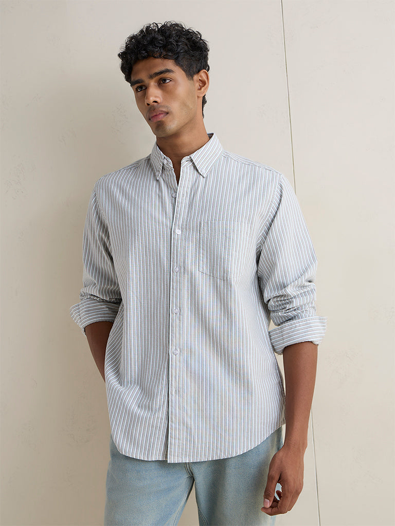 WES Casuals Off-White Striped Relaxed-Fit Cotton Shirt