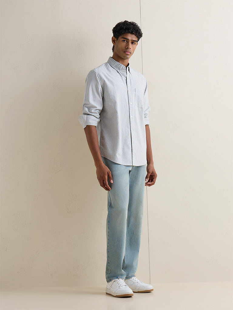WES Casuals Off-White Striped Relaxed-Fit Cotton Shirt