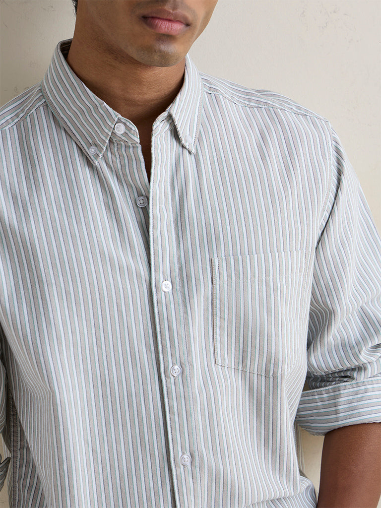 WES Casuals Off-White Striped Relaxed-Fit Cotton Shirt