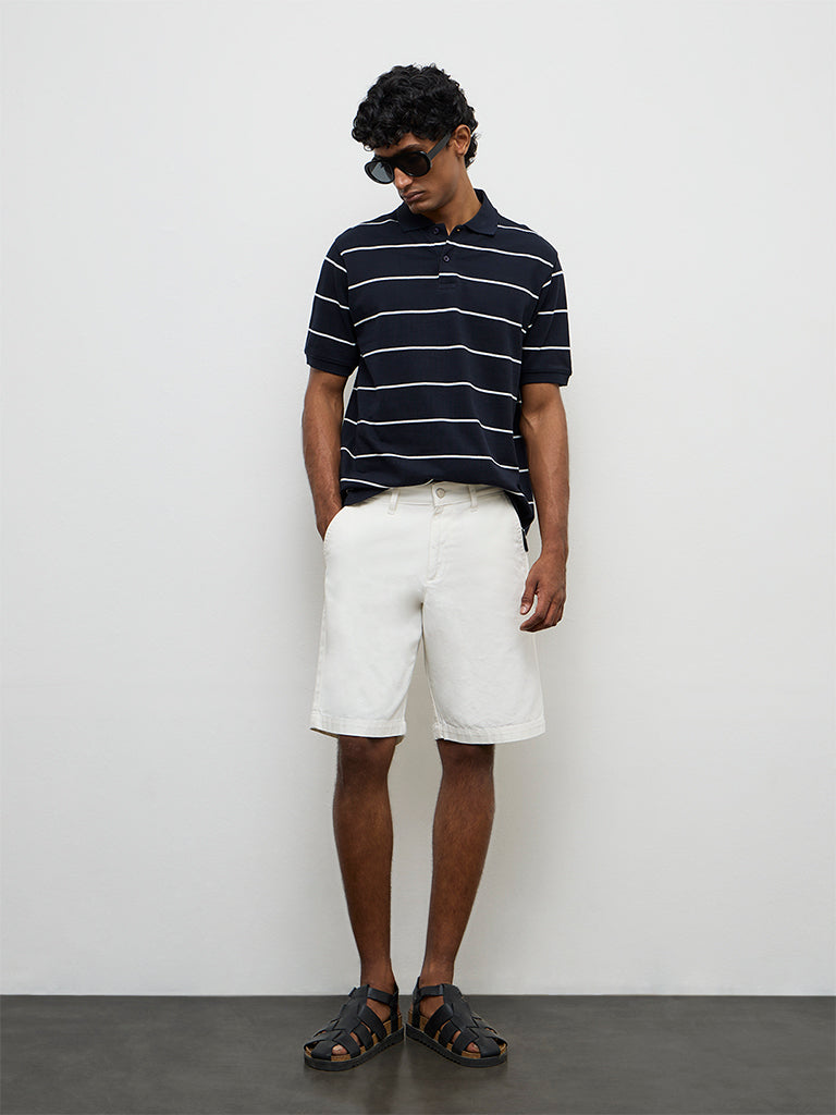 WES Casuals Navy Striped Relaxed-Fit Cotton Polo T-Shirt